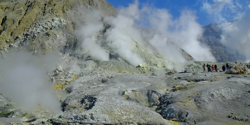 Steaming fumaroles on the white island near New Zealand