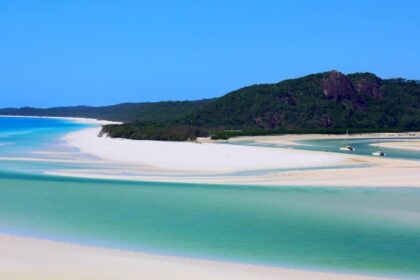 A breathtaking view of Whitehaven Beach’s iconic turquoise waters and white sands