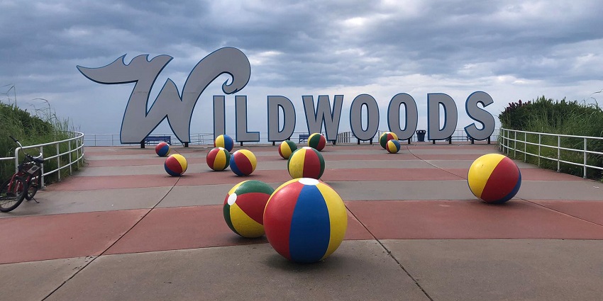 Sunny day at North Wildwood Beach, one of the popular beaches in New Jersey, with calm waves.