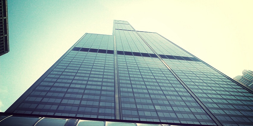 The picture shows the four glass boxes of the Willis Tower Skydeck in Chicago, Illinois.