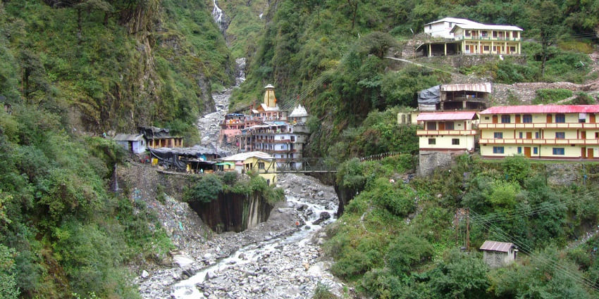The beautiful location of Yamunotri Temple in the foothills of Himalayas in Uttrakhand