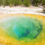 A geothermal pool in Yellowstone National Park, surrounded by rocky terrain.