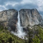 An image showing a view of the Yosemite Waterfalls, a famous tourist attraction in California.