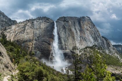 An image showing a view of the Yosemite Waterfalls, a famous tourist attraction in California.