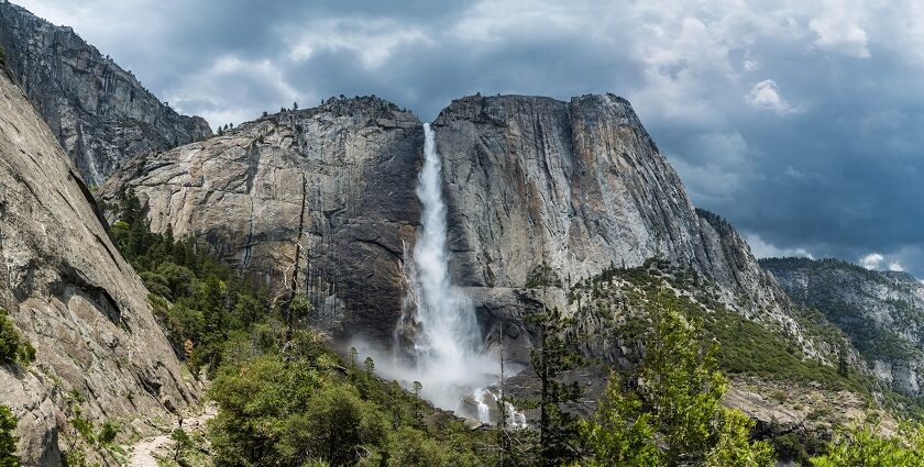 An image showing a view of the Yosemite Waterfalls, a famous tourist attraction in California.