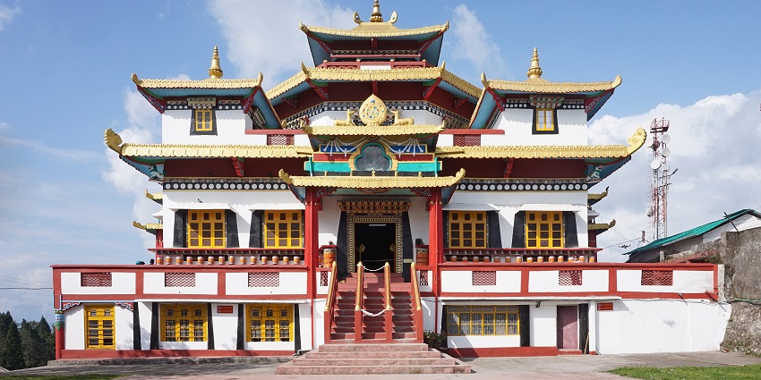A view of Zang Dhok Palri Phodang Monastery atop the hill offering a panoramic view