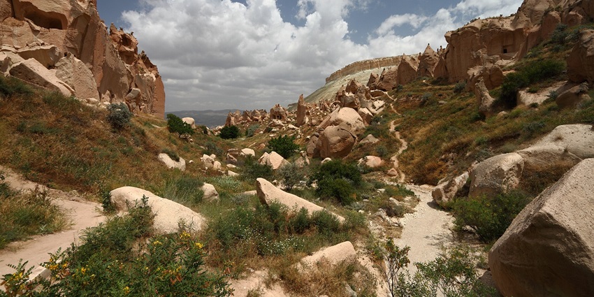 Abandoned cave dwellings and churches in an ancient rock settlement.