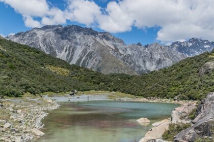 The beautiful snow-white-clad mountains and lake in the Aoraki Mount Cook National Park.