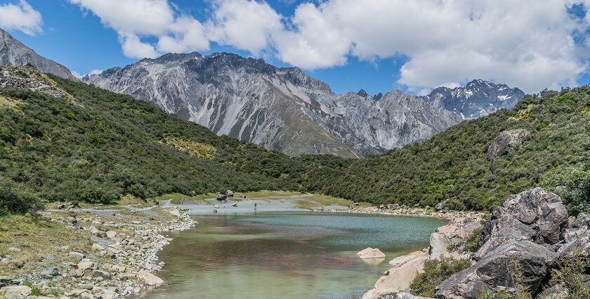 The beautiful snow-white-clad mountains and lake in the Aoraki Mount Cook National Park.