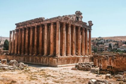 An image of the monumental Baalbek Temple with impressive architecture and carvings.