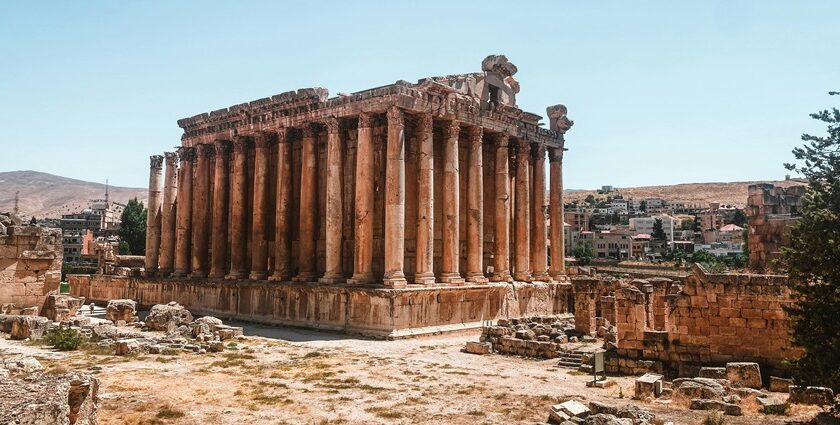 An image of the monumental Baalbek Temple with impressive architecture and carvings.