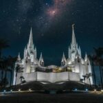 An image of one of the temples in California with tall spires against a clear sky.