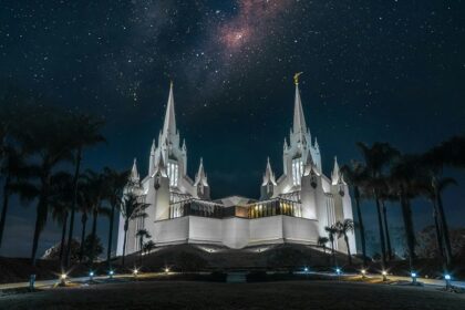 An image of one of the temples in California with tall spires against a clear sky.