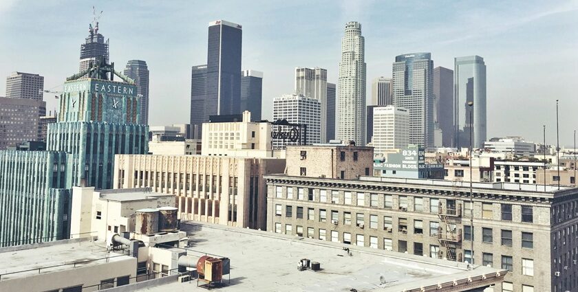 View of concrete buildings in Los Angeles, one of the best places for a holiday