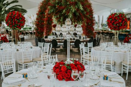 A romantic view of the table set up with red roses flower arrangement in Philadelphia.