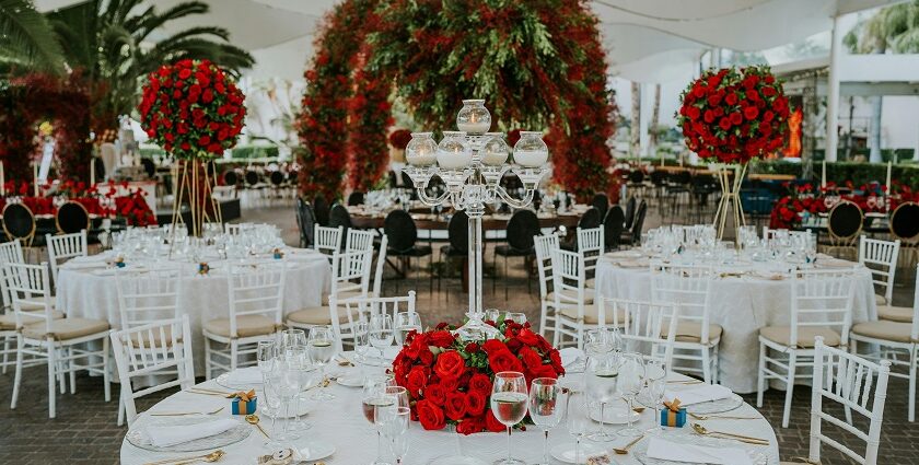 A romantic view of the table set up with red roses flower arrangement in Philadelphia.