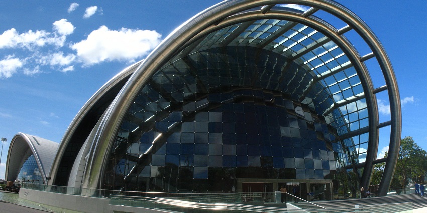 Modern architecture of the AT&T Performing Arts Center featuring the Winspear Opera House.