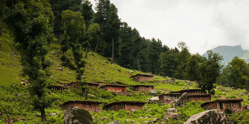 Image of Wood Cabins on Mountain Slope with scenic views under clear blue sky