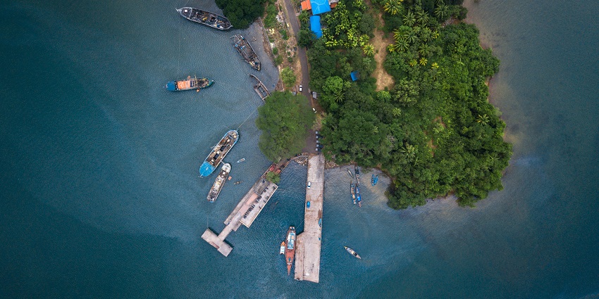 An aerial view of the Andaman Island - Port Blair with lush green land surrounded by water