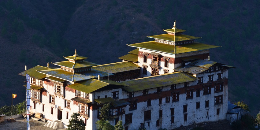 An aerial view of the centuries old Trashigang Dzong in Eastern Bhutan