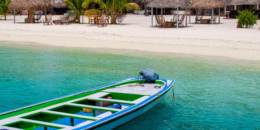 A distant view of a beautiful beachside resort at Kadmat Island in Lakshadweep