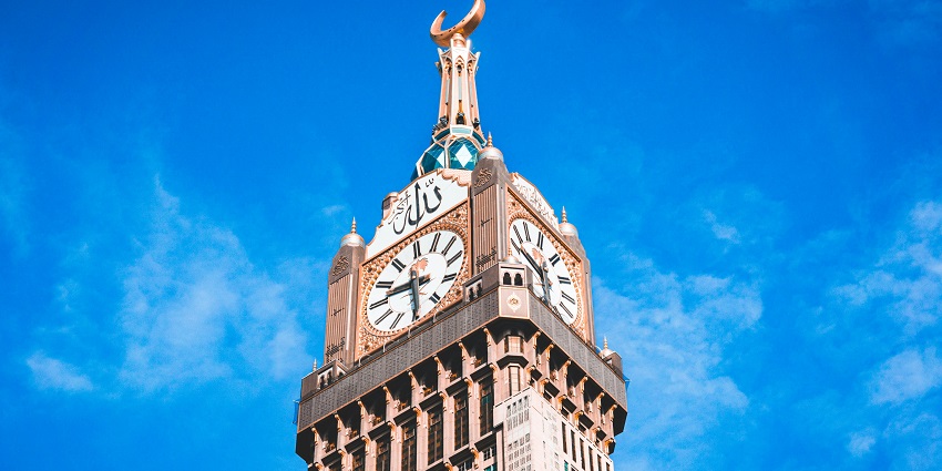 A glimpse of iconic skyscrapers with the world’s largest clock face in Mecca, Saudi Arabia.