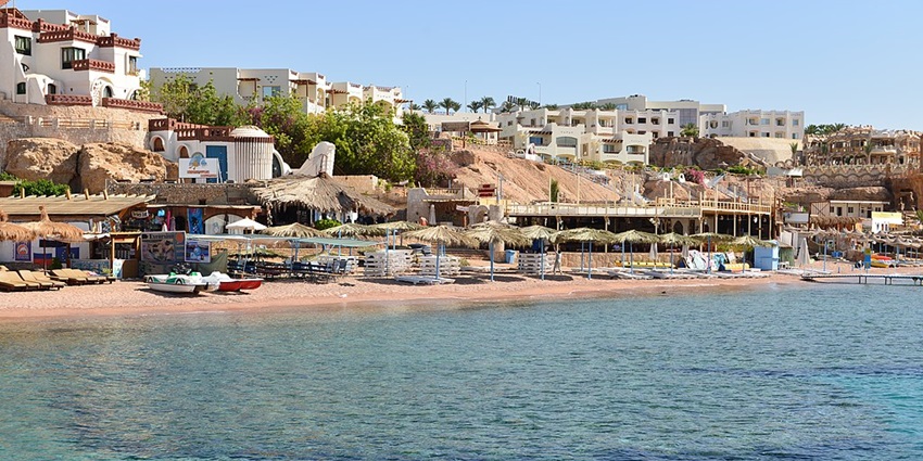 A stunning beach which has sunbeds and eateries at one of the beautiful beaches in Egypt.