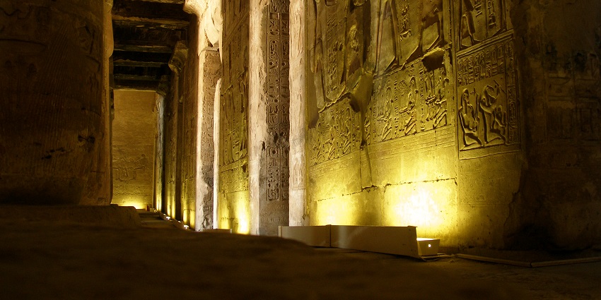 Inside view of the Temple of Seti I in Abydos featuring ancient Egyptian Hieroglyphs art, one of the best places to visit in Egypt.