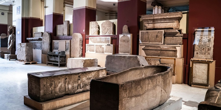 A few of the Egyptian sculptures are placed inside the museum and are being displayed.