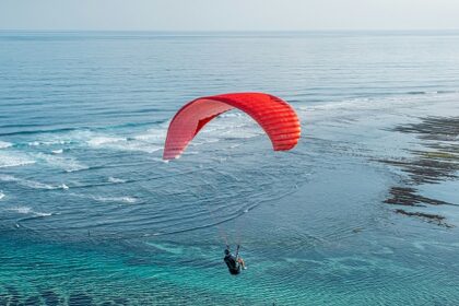 An image of a man enjoying paragliding adventure over the sea with clear blue water