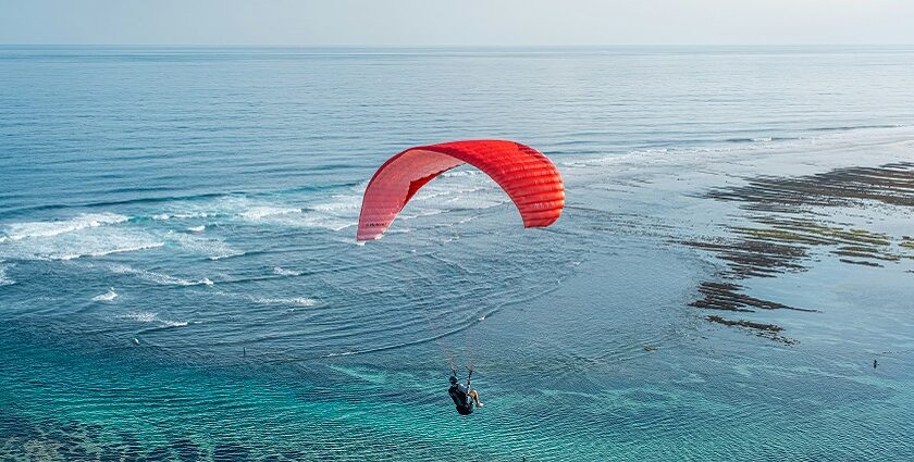 An image of a man enjoying paragliding adventure over the sea with clear blue water