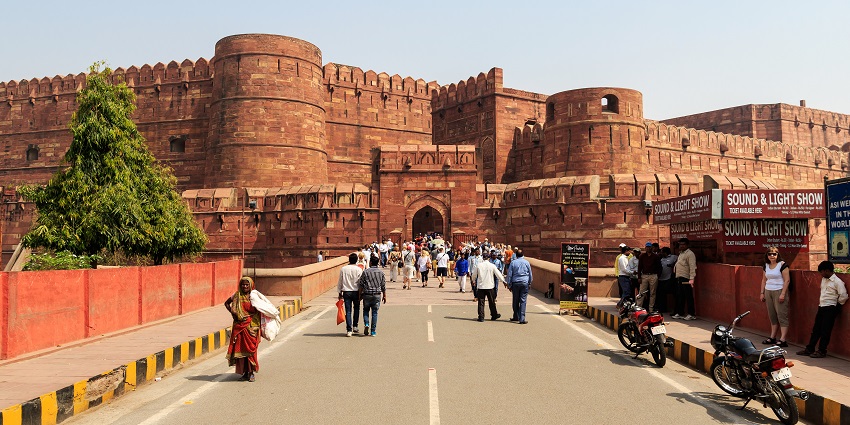 Visitors entering Agra Fort, a place near Radha Swami temples in Agra.