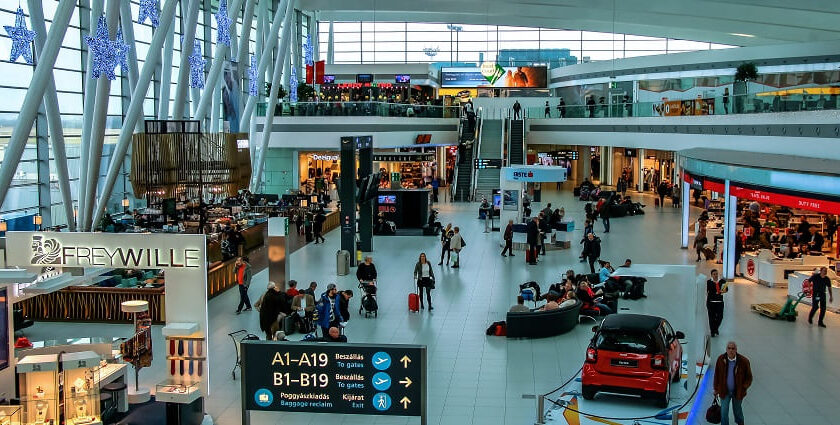 An interior view of Budapest Airport, the busiest airport among airports in Hungary.