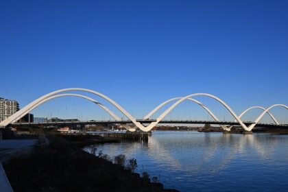 A view of Frederick Douglass Memorial Bridge in Washington, D.C., at sunset with a clear sky