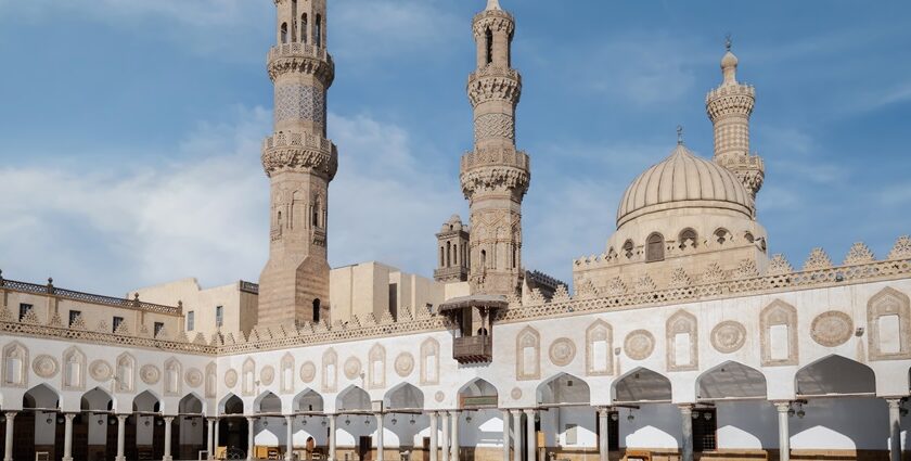 Inside view of Al Azhar Mosque where people are present in the courtyard of the mosque.