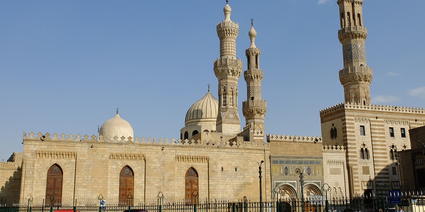 Across the road, an outer view of Al-Azhar Mosque showcasing astounding architecture