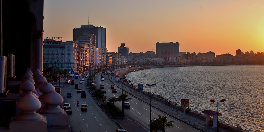 Alexandria’s coastline, with slightly busy roads, one of the best places to visit in Egypt.