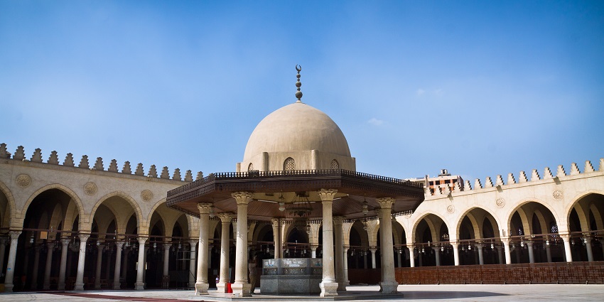 An inside view of the Amr ibn al-As Mosque showcasing various stunning structures