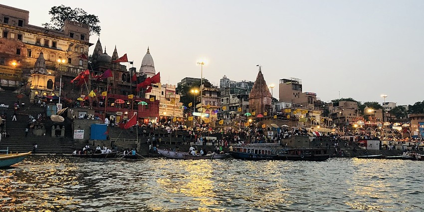 Scenic image of the beautiful Assi Ghat and Ganga Aarti in Varanasi