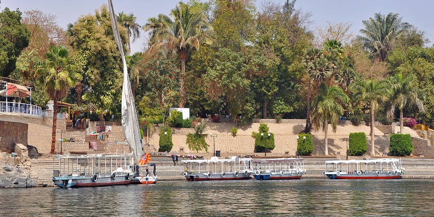 Aswan Kitchener Island and the Botanical Garden with multiple boats parked near the stairs.