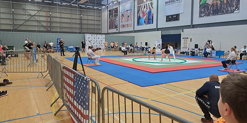 A bout in progress during the 2023 Scottish Sumo Open in the Men's Openweight category