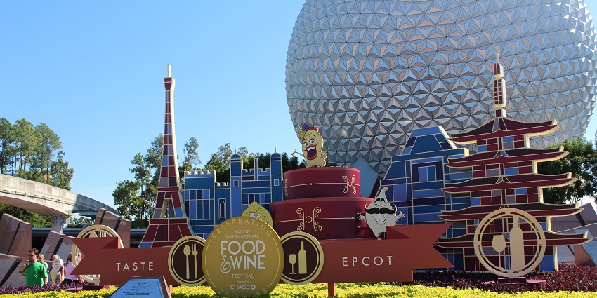 Cardboard replicas of famous world monuments are at the entry of the Epcot International Food & Wine Festival, FL.