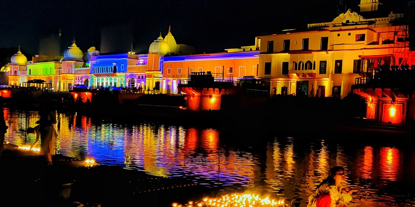 Lights and decorations during Diwali in the city of Ayodhya, as mentioned in the UP travel guide.