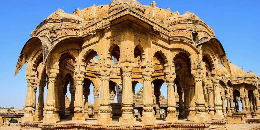 View of royal cenotaphs and gardens offering serene desert views in Jaisalmer.