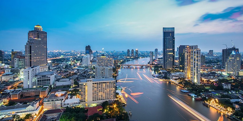 An aerial view of the Chao Phraya River in Bangkok, as suggested by Thailand Travel Guide.