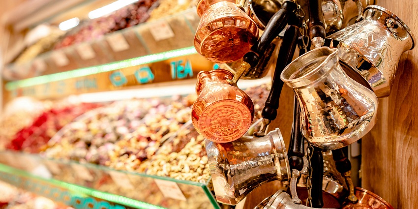 Scenic image fo the beautiful temple bell being sold in the Bara Bazaar in Uttarakhand