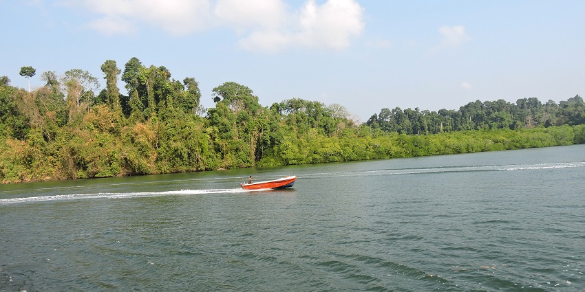 A speedboat in the Middle Strait Jetty near Baratang Island in Andaman Island