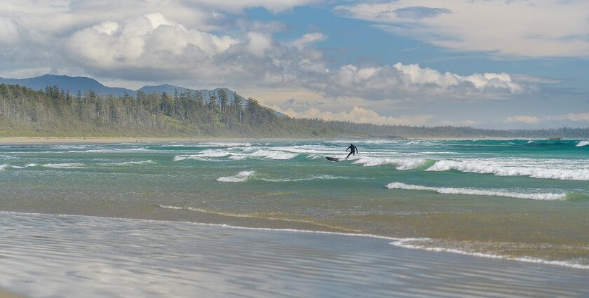 On a misty morning, Mystic Beach in Vancouver Island, Canada, is looking heavenly.