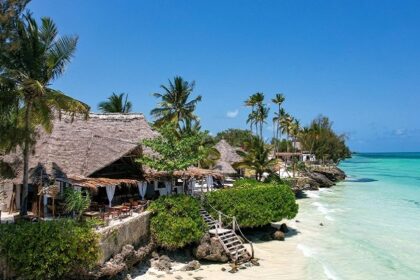 A beautiful beach with white sand, trees, beach chairs, and clear water surrounding it.