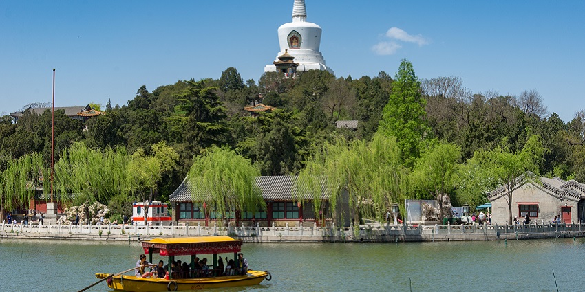 Picturesque park with lakes, temples, and peaceful green spaces